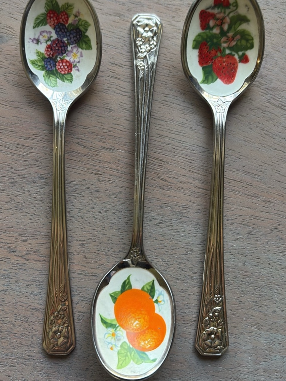 Avon Silver Fruit Design Demitasse Spoons with Orange, Red, Purple and Green